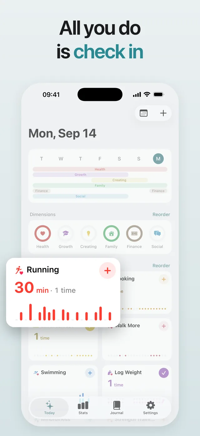 All you do is check in: the Today screen, with the Running card lifted out.