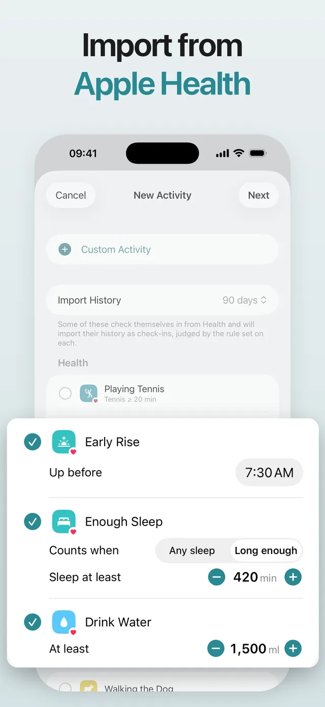 Import from Apple Health: starter activities with their rules set.