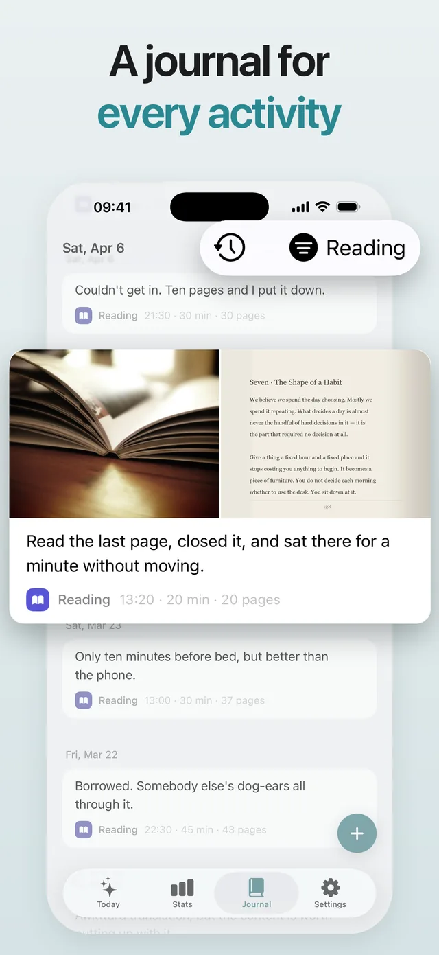 A journal for every activity: notes and a photo under Reading.
